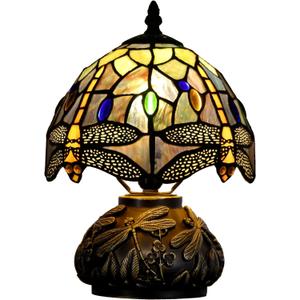 Small Tiffany Lamp Mini Stained Glass Table Lamp Brown Yellow Dragonfly Style Mushroom Desk Light Memory Sympathy Lamp 8X11 Inch