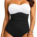 Yonique Womens Strapless One Piece Swimsuit Tummy Control Bandeau Bathing Suits Slimming Twist Front Swimwear,  White and Black 18W