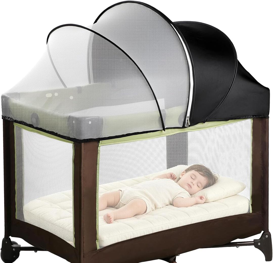 Pack N Play Tent Cover - Half-Blackout Mosquito Net for Crib & Playpen, Baby Bassinet Cover for Cats with 2-Way Zipper, Sun-Blocking Bug Net for Travel Crib (Black-Large)