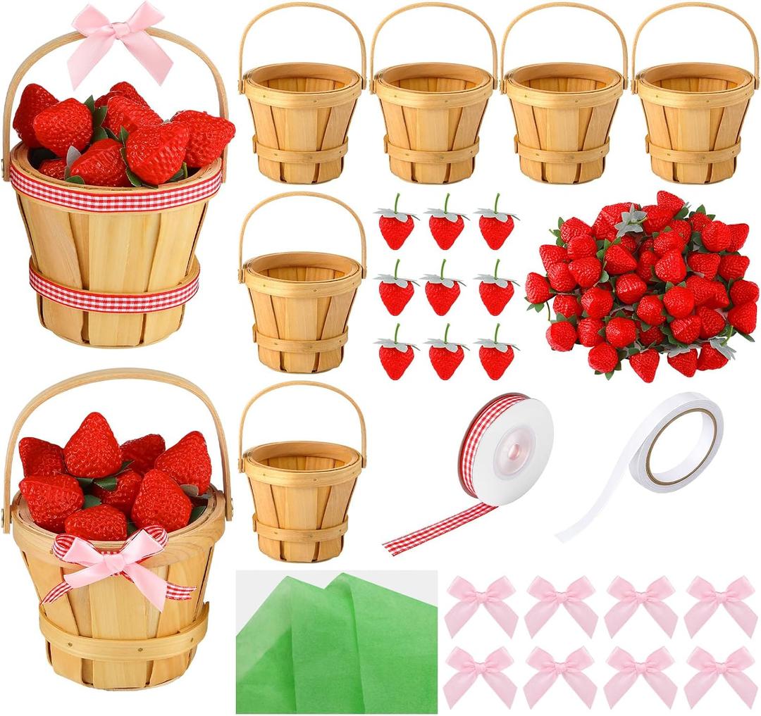 LemonRoad 6 Set Mini Strawberry Wooden Basket Decor 5.1 x 6.7 Inch Round Picnic Wooden Basket for Wedding Holiday Farmhouse Table Centerpiece and Home Decoration