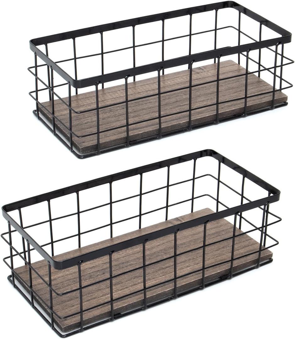 ROSE BLOOM Small Metal Wire Storage Basket, Decorative Wood Base Organizer Bins for Bathroom, Kitchen, Laundry Room, Pantry, Basket for Toilet Paper, Fruits, Spices (2 Pack) (Black - Large)
