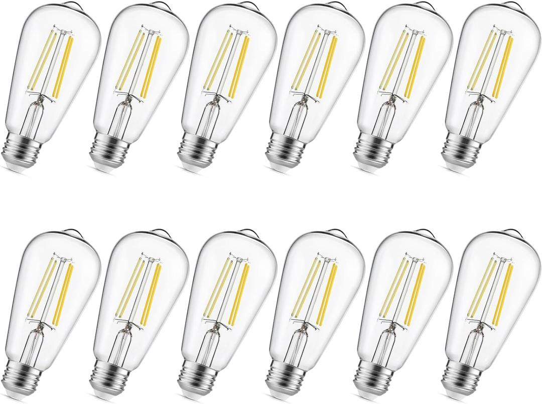 LED Edison Light Bulbs, 12Pcs Vintage 6 Watt, Equivalent 60W Incandescent Light Bulbs, E26 Medium Base Dimmable Decorative Antique Filament Light Bulbs with 90+ CRI, Cool White 4000K