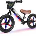 KRIDDO Toddler Balance Bike 2 Years Old, 12-Inch Colorful Lighting-Up Push Bicycle with LCD Writing Tablet, Steady Balancing, Gift Bike for 2-5 Boys Girls, LED-Black