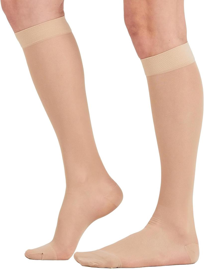 2 Pairs Sheer Compression Socks for Women - 15-20 mmHg Knee High Sheer Compression Stockings for Support Circulation Swelling Edema Work Office Travel, Beige, X-Large