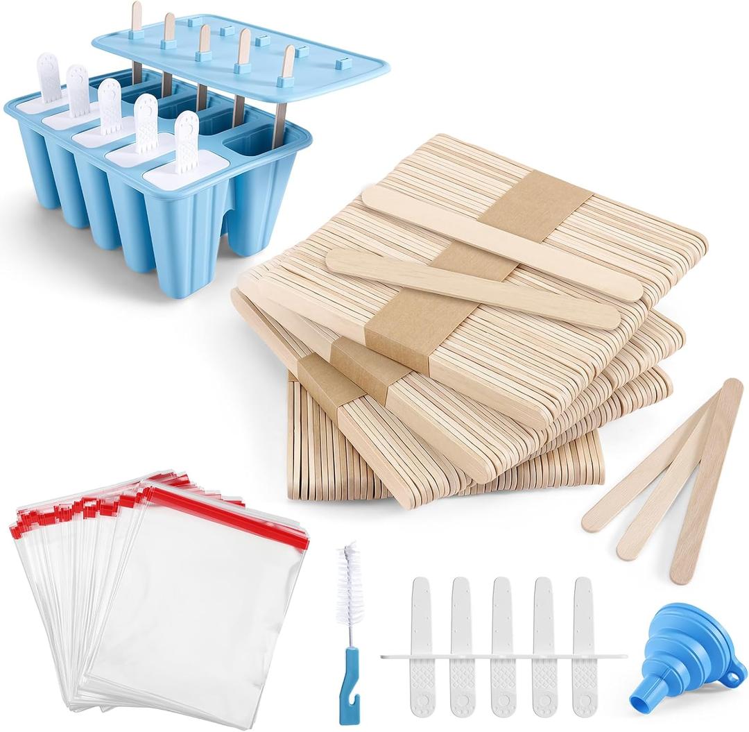 Popsicle Mold with 200 Sticks, 200 Bags, 10 Reusable Sticks, 10-Count Silicone Ice Pop Maker, Easy-Release Homemade Ice Cream Mold, Funnel and Brush