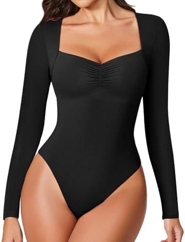 Avidlove Women's Sexy Sweetheart Neckline Bodysuit Tops Long Sleeve Double Lined Thong Body Suits Ruched Outfits.M