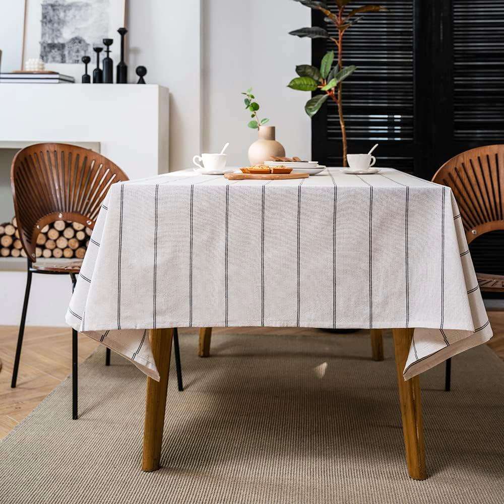 ArtBud Cotton Linen Table Cloths Boho Farmhouse Heavy Fabric Table Cover Burlap Striped Washable Table Top for Parties Coffee Kitchen Picnic Rectangle/Oblong, 55"102"(8-10 Seats) (White-black)