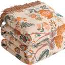 Boho Throw Blanket for Bed 60x80, 100% Cotton Woven Blanket for Couch Sofa, Ultra Soft 4-Layer Muslin Quilt with Floral Printed, Farmhouse Bed Blanket/Cover for Living Room Decor