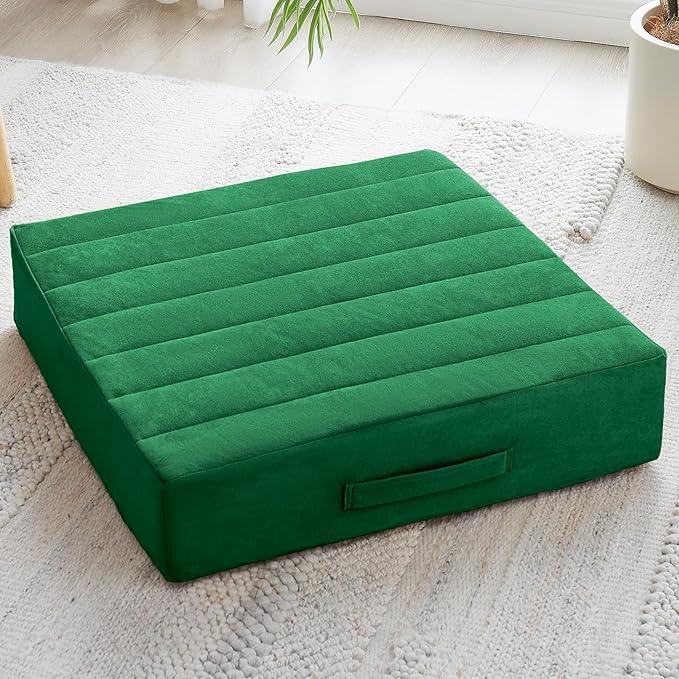 22 inches Floor Pillow for Adults - Large Meditation Cushion with Thick Foam - Premium Outdoor Square Floor Cushion Seat - Yoga Pillow for Sitting On Floor - Green