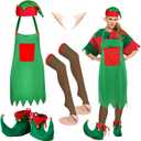 5 Piece Christmas Elf Costume for women Set including Santa Elf Hat, Fairy Elf Ears, Elf Apron, Long Striped Socks, Elf Shoes (5 PCS)