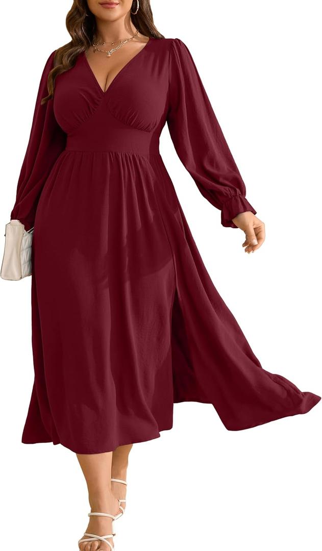 RWJ Plus Size Wedding Guest Dress for Women Deep V Neck Long Sleeve High Waist Slit Formal Cocktail Party Fall Maxi Dresses (XX-Large Plus, Wine Red)