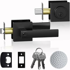 Exterior Door Handle with Single Cylinder Deadbolt,Front Door Handle and Deadbolt Set,Matte Black Keyed Alike Heavy Duty Door Lever Locksets Right & Left Sided Doors,1 Key 1 Combo