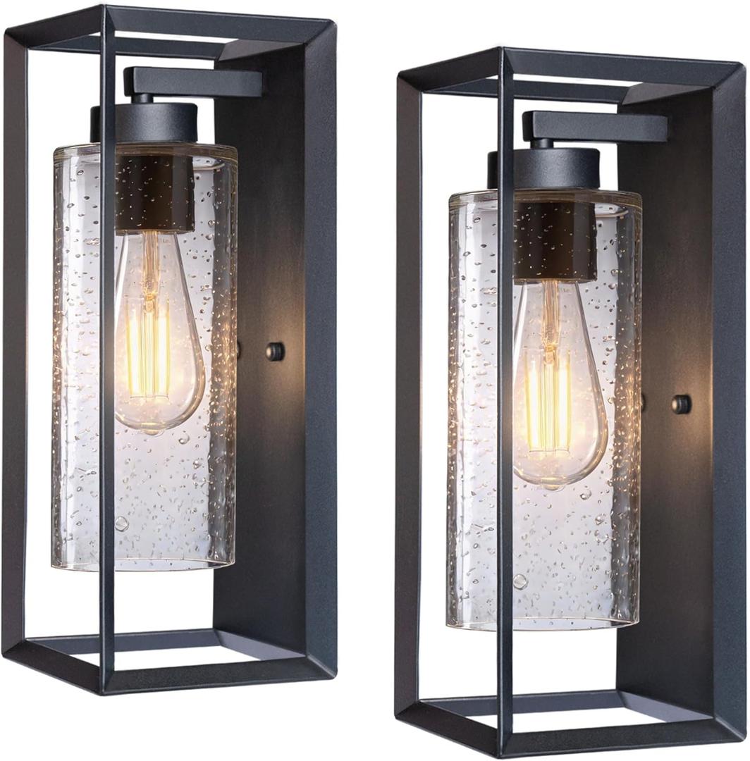 Outdoor Wall Light Fixture 14 Inch, Black Exterior Wall Sconce with Clear Seeded Glass, E26 Base, Weather Resistant Metal Porch & Garage Light 2 Pack