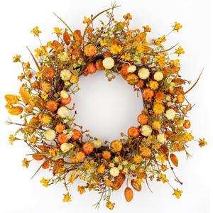 22 Inches Rustic Fall Wreath Farmhouse Autumn Wreaths for Front Door White Orange Pumpkin Wreath with Wildflowers for Harvest Celebrate Window Wall Porch Door Hanging Decoration
