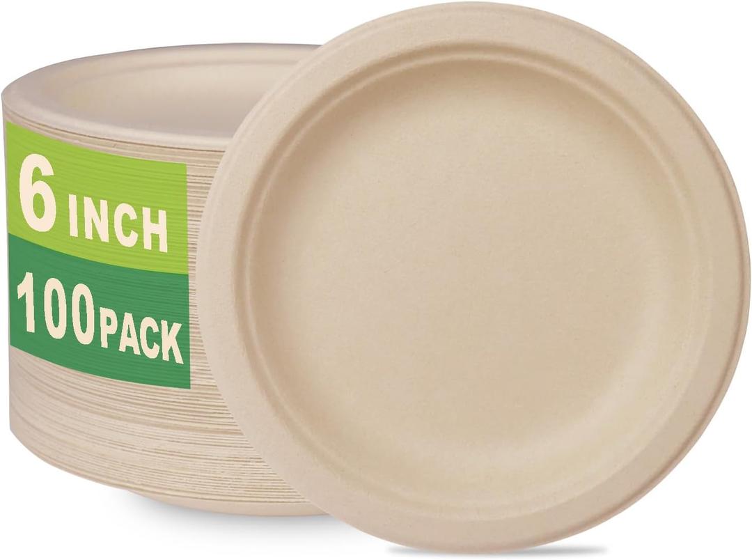 GreenWorks 100 Count 6 Small Compostable Dessert Plates, Heavy-duty Unbleached Biodegradable Bagasse and Bamboo fiber Paper Plates