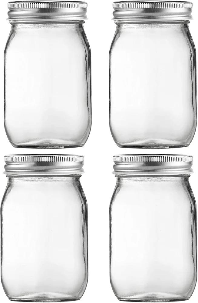 BEWAVE Glass Mason Jars, 16oz Clear Glass Jars with Lids for Sealing, Regular Mouth Canning Jars for Food Storage, Snacks, Candies, DIY Projects, 4 Pack