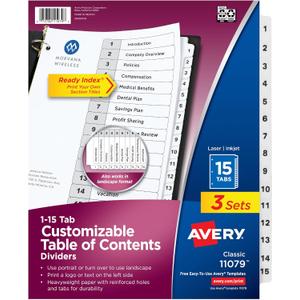 Avery Dividers for 3 Ring Binders, 15 Tabs per Set, Customizable Table of Contents, Classic White Tabs, Great for Organizing Reports, Projects, and More (3 Sets of 11079)