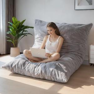 BYBYME 3 in 1 Bean Bag Chair, Convertible Chair Folds from Bean Bag to Lounger, High-Density Foam Filling, Faux Fur Big Sofa Bed, Giant Bean Bag Chair Bed for Adults (54"*75", Grey)