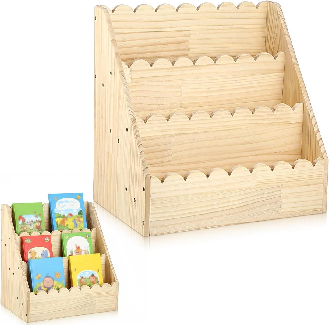 Scalloped Book Shelf, 3 Tier Scalloped Bookshelf, Open Front Facing Bookshelves Durable Bookcase Book Organizer for Classroom Nursery Room, Bedroom,Playroom, (Wooden,16.5 * 16.5 * 10.6in)