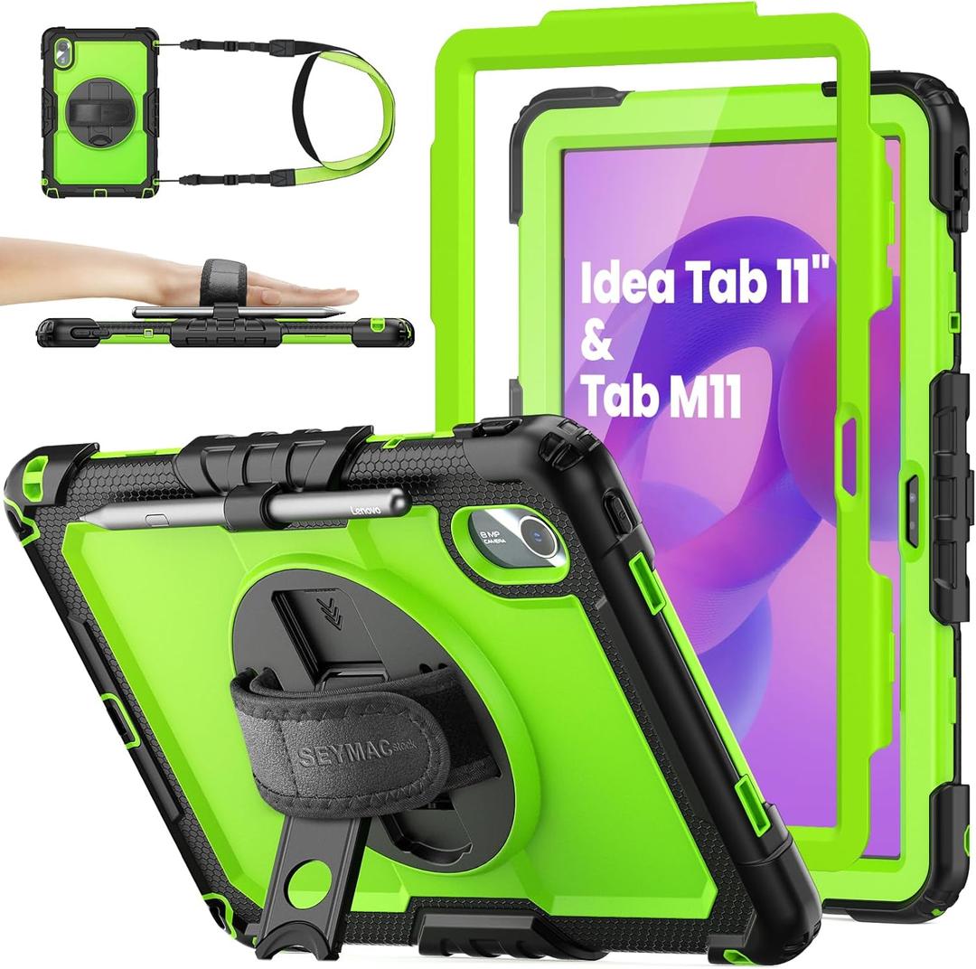 SEYMAC stock Case for Lenovo Idea Tab 11'' 2025/ Tab M11 2024/ K11 (TB336FU/TB330FU), Drop-Proof Case for Lenovo 11 inch with 360 Rotate Stand/Strap [Pen Holder] & Screen Protector, Green+Black