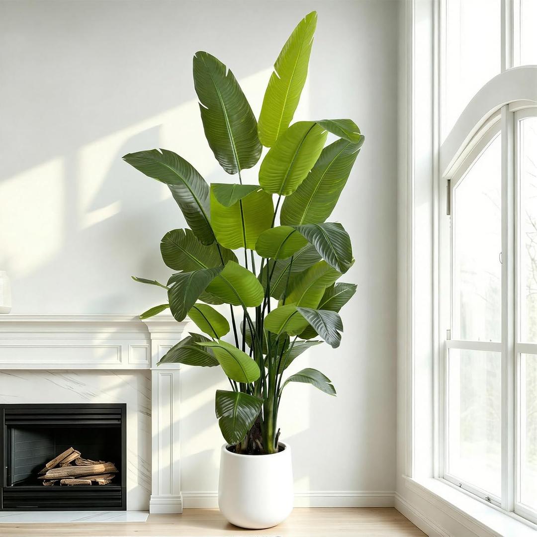 7.5FT Artificial Bird of Paradise Plant Tall,91”Fake Tropical Tree with 21 Banana Leaves and White Pot,Large Faux Silk Plants Indoor for Home Living Room Bedroom Hotel Office Decor