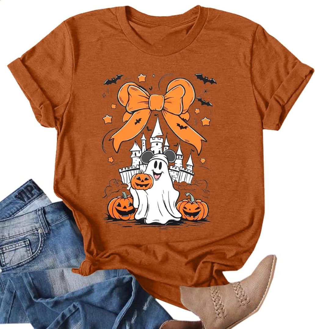 Halloween Shirt for Women Magic Bow Shirts Spooky Season Tshirt Pumpkin Graphic Vacition Short Sleeve Tops (Brown, M)