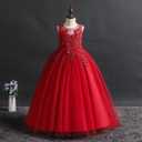 Little Big Girl Flower Tulle Dress Princess Pageant Birthday Party Wedding Formal Floor Long Dance Evening Maxi Gown (Red)