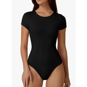 QINSEN Women's Crew Neck Short Sleeve Bodysuit Double Lined Body Suits Basic T-shirt Tops Size L