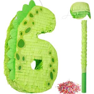 Poen 16 Inch Dinosaur Piata Number 1 2 3 4 5 6 7 8 9 for Kids Birthday Party Cute Dino Piata with Blindfold Stick and Confetti for Boys Girls Dinosaur Birthday Animal Theme Baby Shower Decor(6)