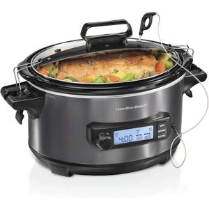 Hamilton Beach Portable 6 Quart Set & Forget Digital Programmable Slow Cooker with Lid Lock, Temperature Probe, Dishwasher Safe Crock & Lid, Black Stainless (33866)
