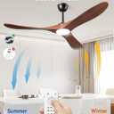 60 Inch Ceiling Fans with Lights and Remote, Solid Walnut Wood 3 Blade Modern Ceiling Fan, Quiet DC Motor, 6 Speeds, Timer, Dimmable LED, Indoor & Covered Outdoor Living Room, Bedroom, Patio (Walnut)