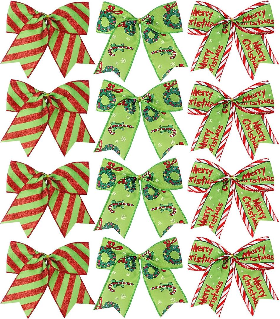 12 Pcs Christmas Bows,6 Inch Large Red Green Christmas Wreaths Bows for Tree Gift Wrapping Garland,Holiday Decorations Party Crafts Tree Ribbon Ornaments