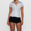Women's Plaid Shirt Button-up Short Sleeve Collared Slim Fit Casual Summer Blouse Tops (Blue, L) (Blue, L)