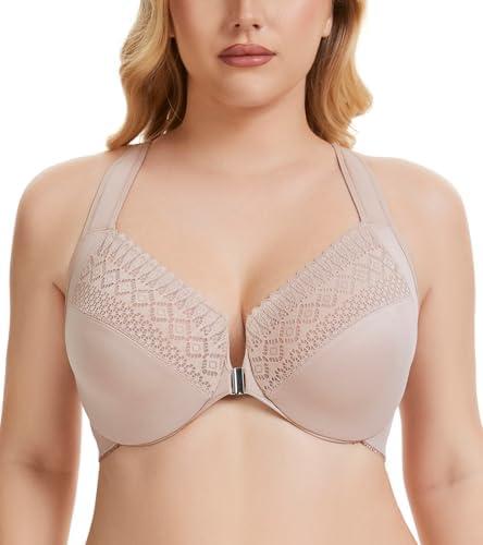Oscrenia Plus Size Racerback Front Closure Bra for Women Unlined Underwire Wide Strap 38C