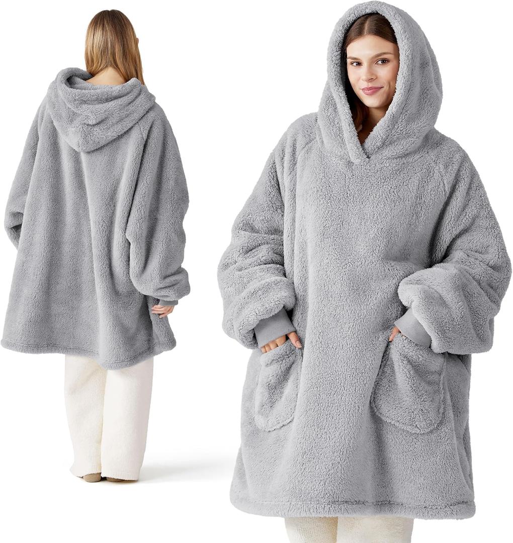 Bedsure Wearable Blanket Hoodies, Christmas Gifts for Women, Wife, Girlfriend, Warm Cozy Birthday Gifts for Her, Wife, Soft Fluffy Sweatshirt, Oversized Hooded Blankets With Sleeves, Grey (Standard)