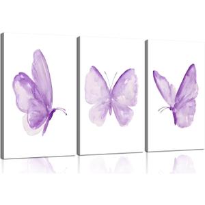 3Pcs Butterfly Canvas Wall Art Purple Butterfly Posters Pictures Minimalist Cute Animal Paintings Aesthetic Preppy Room Prints for Girls Bedroom Nursery Home Wall Decor Gift Framed