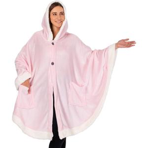 PAVILIA Wearable Blanket for Adult Women, Cozy Plush Fleece Blanket Poncho Cape with Hood, Super Soft Shawl, Angel Wrap Throw for Office, Light Pink