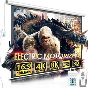 Aoxun Motorized Projector Screen Pull Down with Remote Control 100 inch Electric 16:9 Projector Screen,Video Projection Screens for Indoor & Outdoor - White