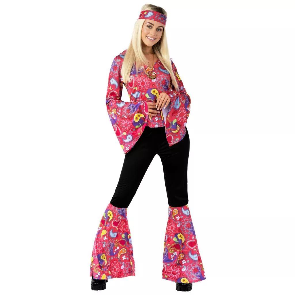 Women`s 1970s Pink Hippie Costume Ladies Disco Flares XL Halloween