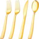 KIRE 400PCS Gold Plastic Silverware - Extra Heavy Duty Hammered Silverware Disposable Set, Gold Utensils Set Include 200 Forks,100 Knives,100 Spoons for Party/Wedding/Father's Day