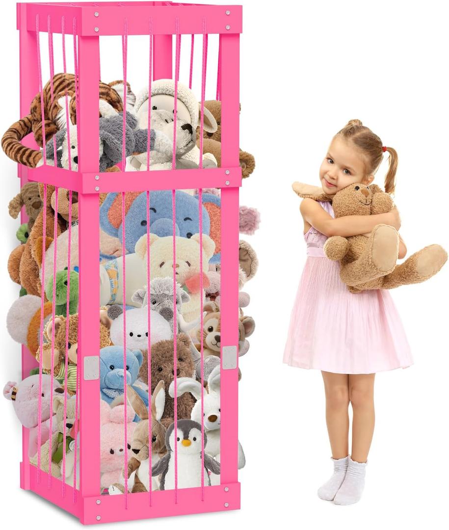 Stuffed Animal Zoo Wood, Large Stuffed Animal Storage Plushies Storage, Pink Toy Storage Organizer for Kids Room Nursery Play Room Bedroom
