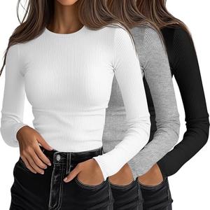 Ficerd 3 Pack Women's Ribbed Long Sleeve Tops, Crew Neck Slim Fit Undershirts Knit Basic Casual Stretch Layering Tee Shirts Size S