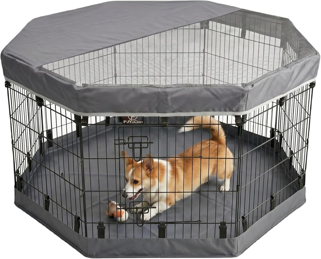 PJYuCien Dog Playpen with Top Cover and Bottom Pad - Metal Foldable Exercise Pen, 8 Panels 30" H x 24" W Indoor Outdoor Pet Fence Puppy Crate Kennel, Gray