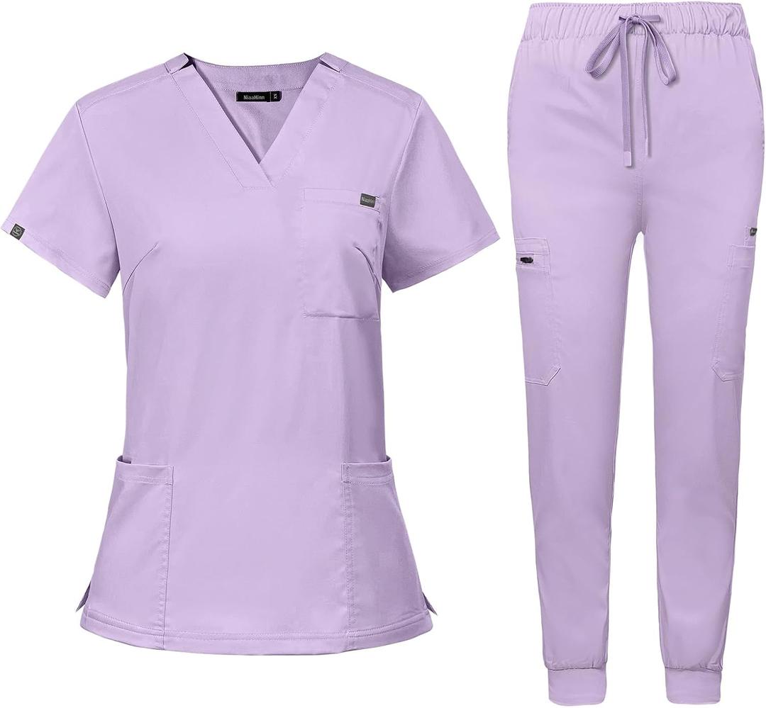 Niaahinn Women's Scrub Top with Classic V-Neck & Yoga Jogger Pants Medical Nursing Uniform Set (Purple) (Lavender, S)