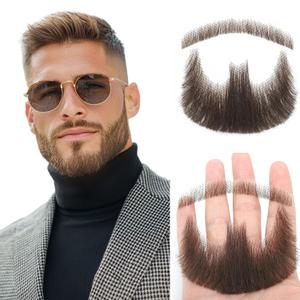 Realistic Mustache, Human Hair Fake Goatee, Handcrafted Beards with Invisible Lace, Facial Hair for Cosplay and Halloween (Deep Brown)