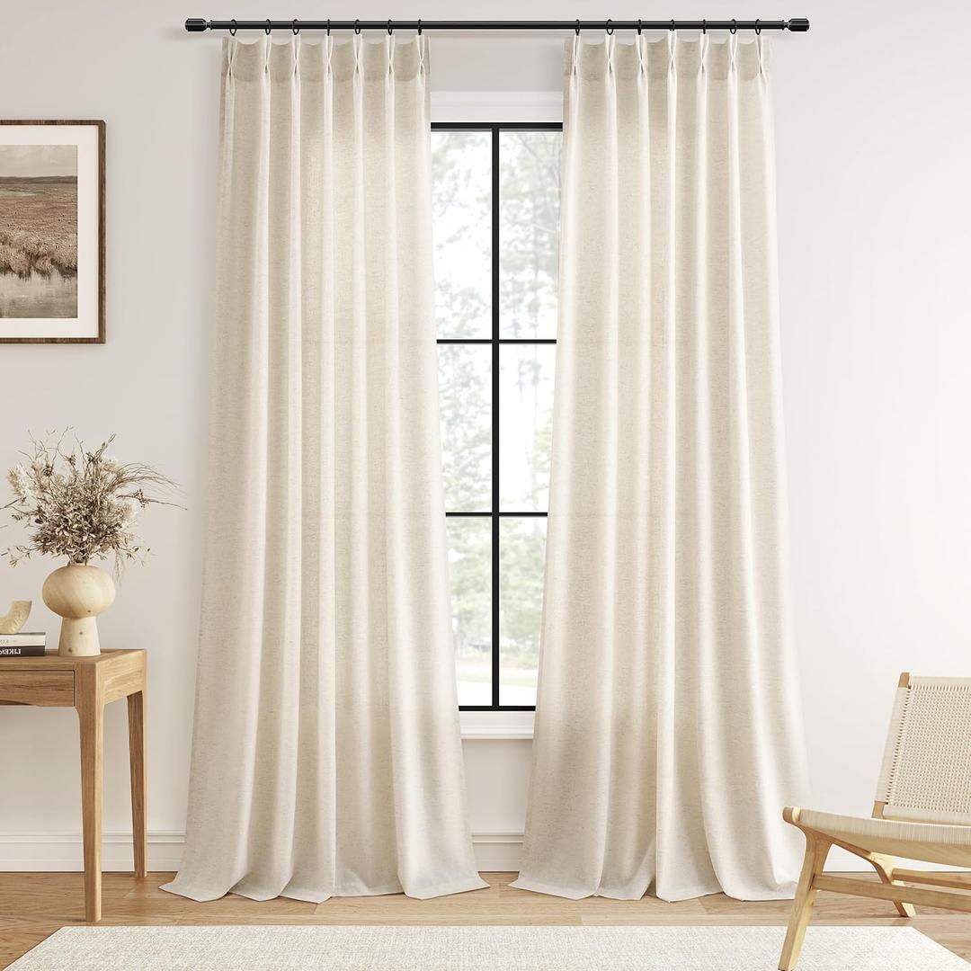 Guken Pinch Pleated Linen Curtains 96 Inch Length 2 Panels for Living Room Bedroom Natural Cream Boho Ceiling to Floor Farmhouse Window Privacy Light Filtering Semi Sheer Drapes Beige Ivory 40x96 8FT