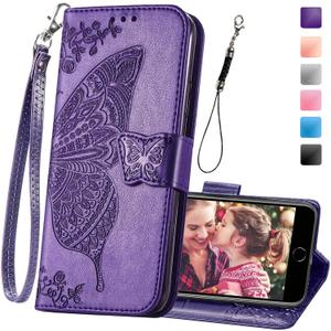 Wallet Case for iPhone SE 2020/SE 2022/iPhone 8/iPhone 7,Women Butterfly Embossed PU Leather Stand Card Slots Wrist Strap Flip Folio Cover for iPhone 6/6S/7/8/SE 2nd/SE 3rd Gen (Purple)