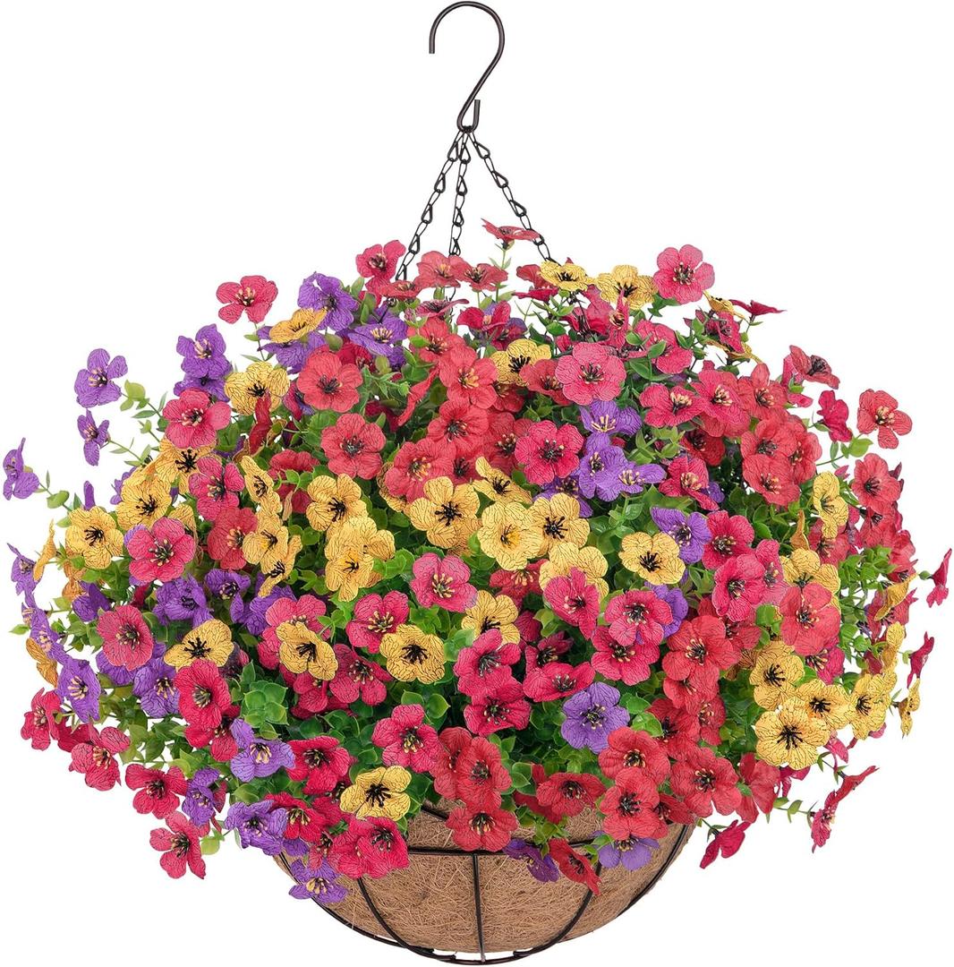 Artificial Hanging Flowers for Outdoors, UV Resistant Silk Flowers Basket Mixed Color Faux Daisy with Eucalyptus Leaves Hanging Fake Plants for Porch Balcony Patio Home Spring Summer Decoration