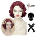 Finger Wave Wig Women Dark Red Flapper 1920s Vintage Lady Short Curly Wig Halloween Party Cosplay Costume Synthetic Hair + Accessories (Burgundy)
