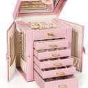 AKOZLIN Large Jewelry Box Organizer Functional with Big Mirror, Leather Jewelry Storage Case for Women Girls Ring Necklace Earring Bracelet Holder Organizer (Regular, Light Pink)